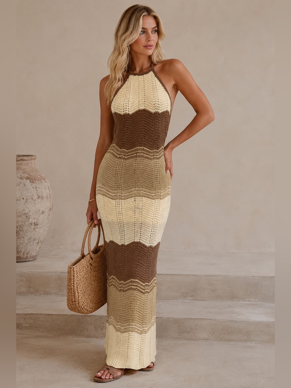 Women’s Crochet Knit Halter Maxi Dress Brown Beige Striped Size M Boho Beach